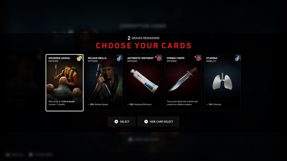 Card selection screen on Back4Blood, displaying 5 cards with the text "2 Draws Remaining" above.