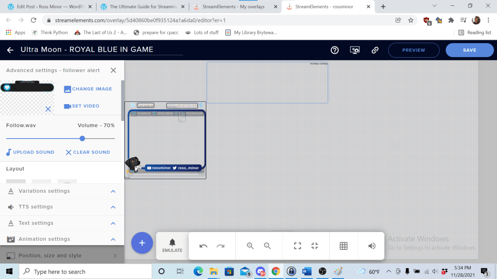 Screenshot of Ross's Stream Elements overlay editor, displaying the advance settings for alerts — ranging from change image, upload sound, adjust volume, and more.
