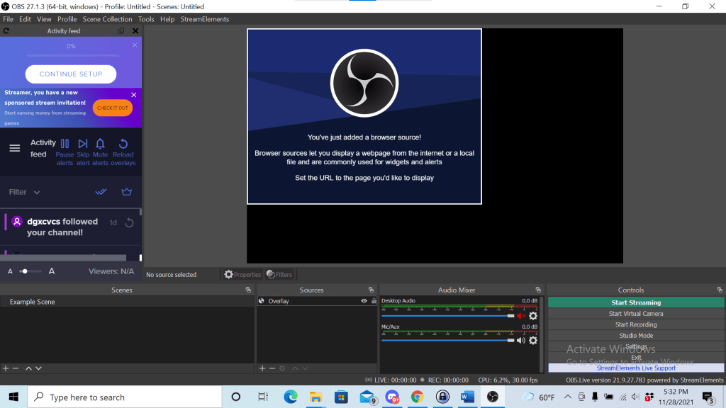 Screenshot of the OBS program, with a source titled "Overlay" highlighted, prompting users to set a URL to the page they'd like to display.