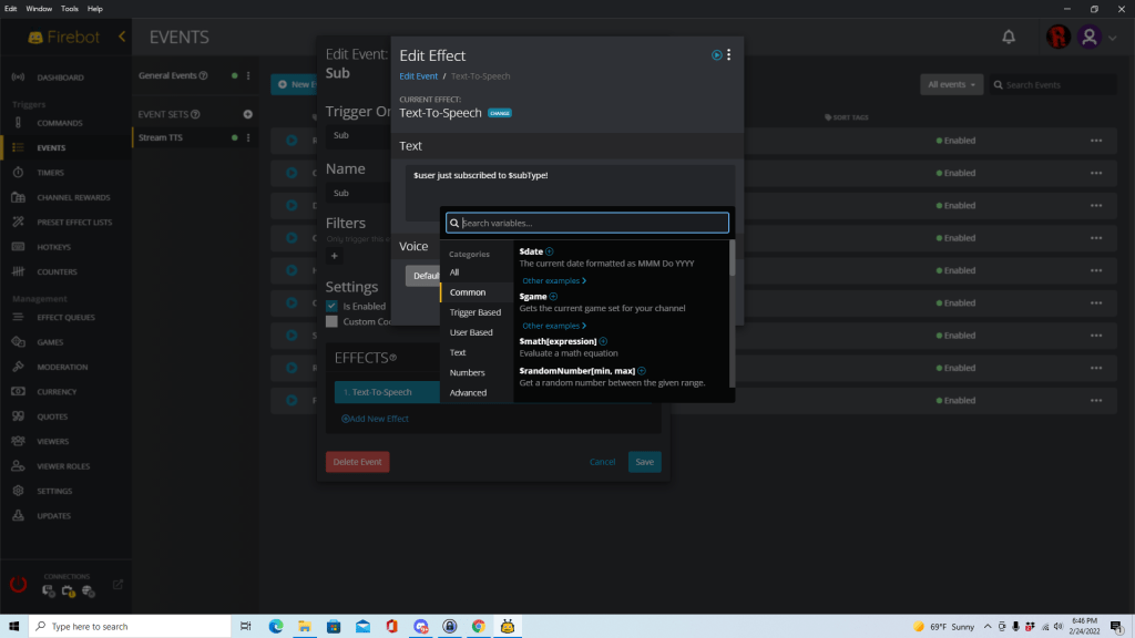 Screenshot of the TTS effect screen in Firebot with a huge list of variables such as $date, $game, and more.