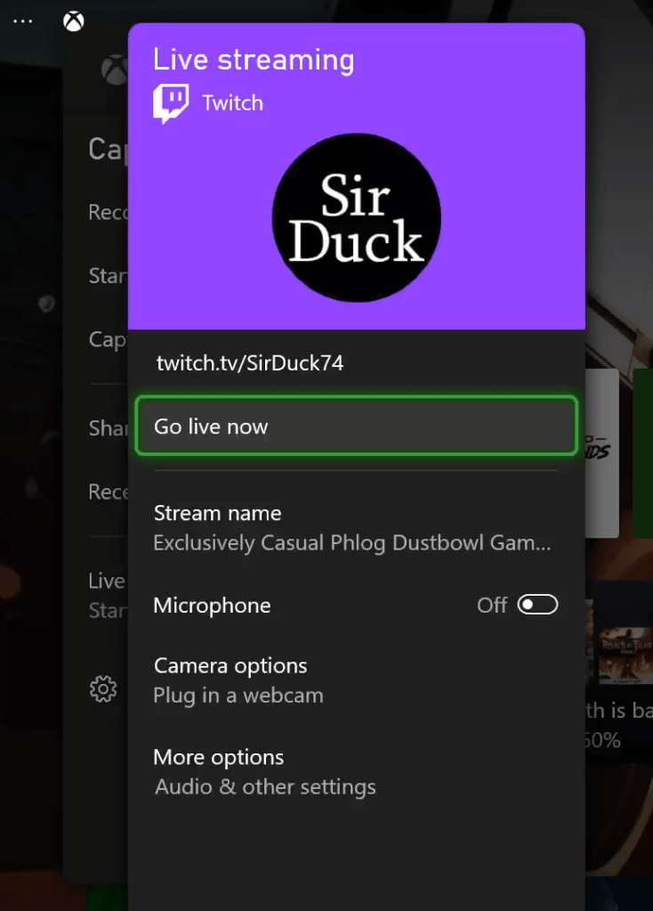 Screenshot of the Xbox go live dashboard with options to change stream title, mic options, camera options, and more options.