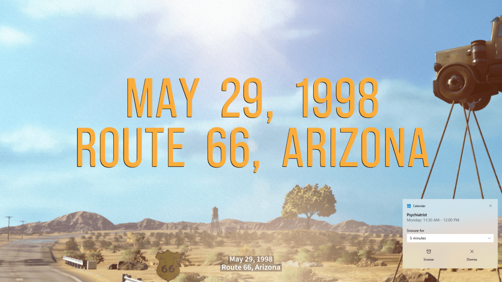 Screenshot of an in game caption as an example of what narrator is able to read:
"May 29, 1998, Route 66, Arizona"